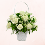 Canasto Funebre de 10 Rosas Blancas y Gypsophila