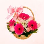 Delicado canasto de 8 Rosas Rosadas y 6 Geberas