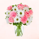 Florero de 6 Rosas Rosadas con margaritas